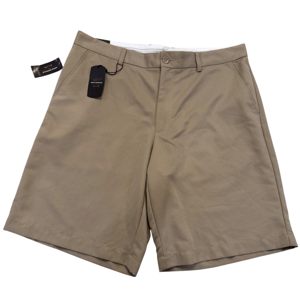 NWT Greg Norman Tasso Elba Golf Shorts Khaki RapiDry Wicking Performance Sz 36